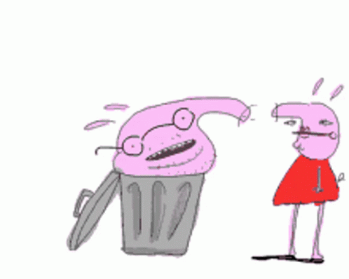 a drawing of a man standing next to a garbage can with a hair dryer