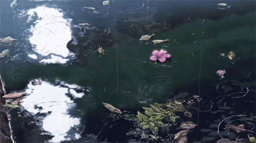 a painting of a water body with a small purple flower on it