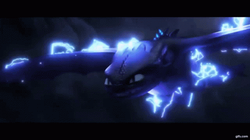 an animated dragon flies by with lightening around it