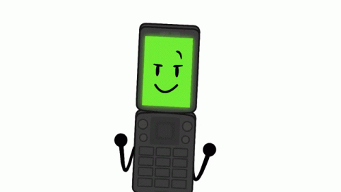 a cartooned cell phone has a green screen that says happy