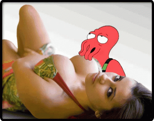 a woman wearing bikini in front of a cartoon character