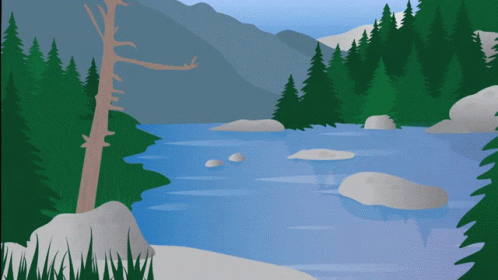 a cartoon depicting a river surrounded by trees