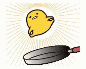 cartoon image of a fry pan with light rays and a cute blue bird flying in the sky above it