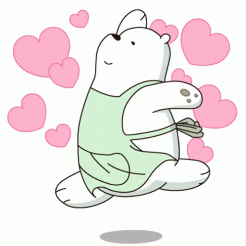 a white bear with purple hearts is holding a stick