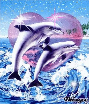 two dolphins jumping in front of a heart and water