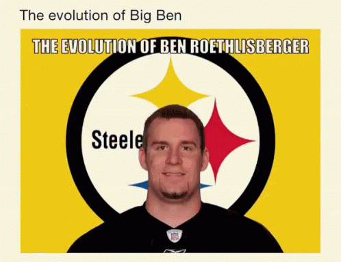 a man in a black shirt is standing in front of a blue and white background with the slogan steel's evolution of big ben