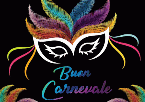 a colorful carnival mask with feathers written in the letters buon carnivale