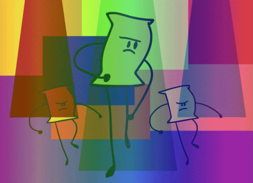 two cartoon characters standing behind each other in front of multicolored background