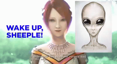 a girl with purple hair is looking at the alien head