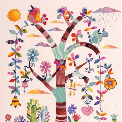 a tree with leaves and flowers in it, and birds on the nches