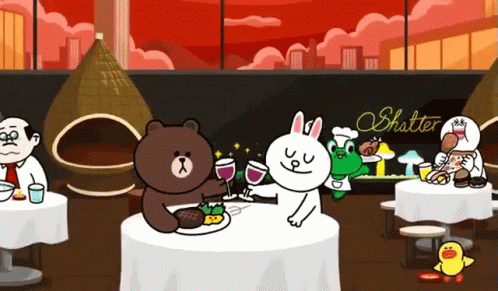 a group of cartoon bears drink at a table in a room filled with other characters
