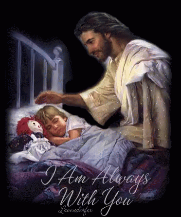a painting of jesus laying in bed with a child