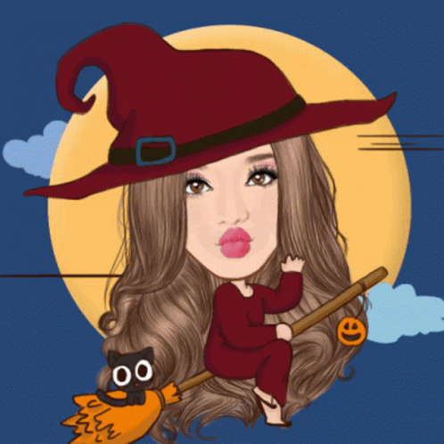 a portrait of a witch with a broom and bird