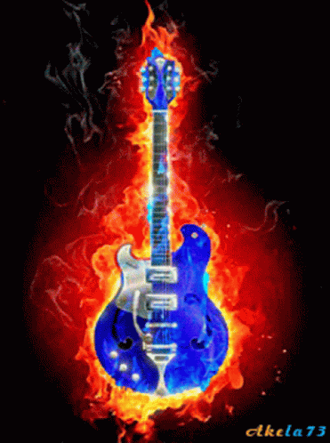 a red and white guitar on fire with a black background