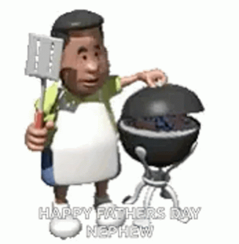 an animated character holding up a bbq and shovel