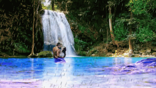 a painting of a couple kissing underneath a waterfall