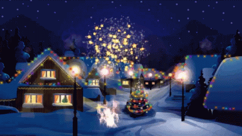 a painting of a snowy town with fireworks
