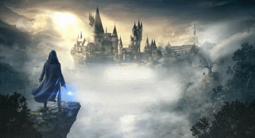 a wizard standing in front of a castle surrounded by fog