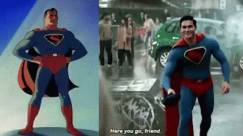 two pictures with an image of a man in a suit, and a picture of a man in a superman costume