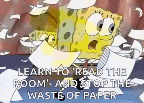 spongebob character running through the room and lots of paper in the background