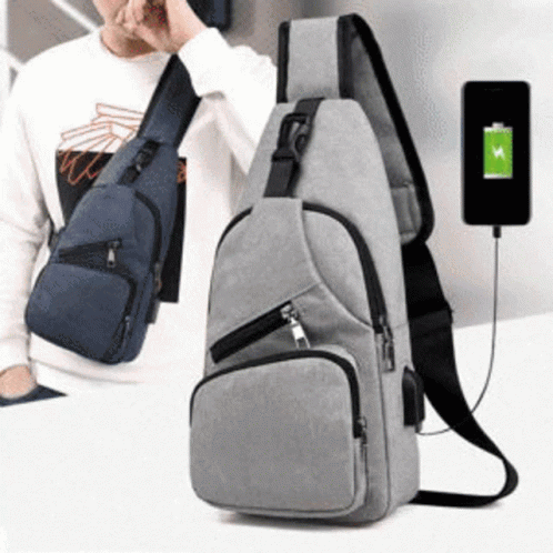 a bag with a cell phone charging in it