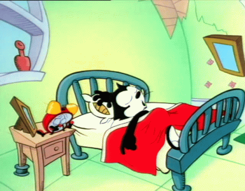 cartoon illustration with cat laying on the bed