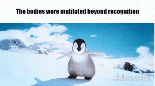 a penguin is in a po with the caption, the bodies were multi - dimensional beyond recognition