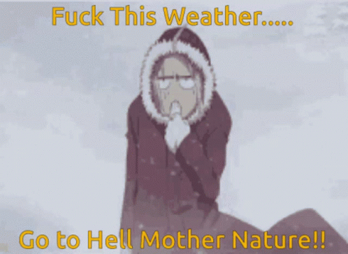 a person wearing a coat with text that says, go to hell mother nature