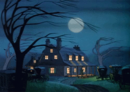 an illustration of a house and farm at night