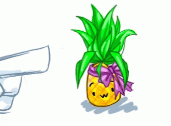 a cartoon drawing of a little blue potted plant with a purple bow on its head