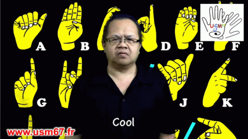 a man making an odd face while in front of several hand gestures