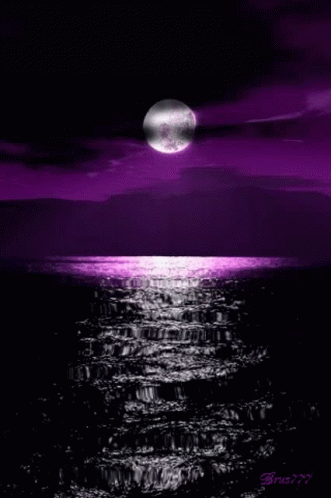 a purple and white painting with a moon above water