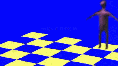 an animation figure standing on a checkerboard floor