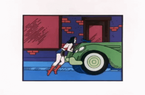 a cartoon picture of a woman touching the wheel of a car