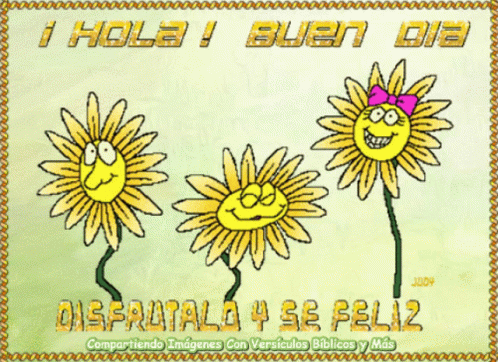 a cartoon of two very large flowers and the words, i hola - ue - tut dia
