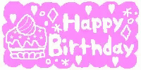 the happy birthday card is decorated with white writing and pink background