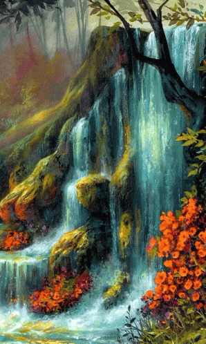 painting of blue plants and trees at the edge of a waterfall