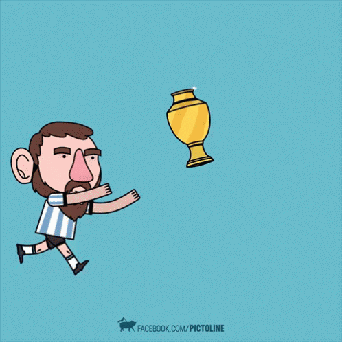 a cartoon character runs to catch a gold trophy