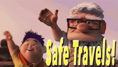 cartoon characters wearing safety glasses and a red sign that says safe travel