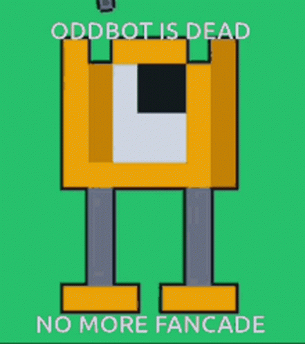 a green background with a graphic depiction of a blue robot with text over it reads odd bots dead no more fancade
