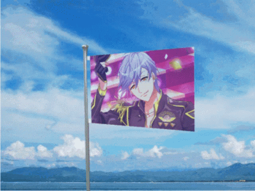 a anime scene with a person walking next to a flag