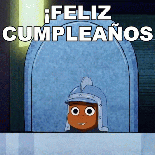 a blue and black cartoon in an enclosure with text that reads, feliz cumpleanos