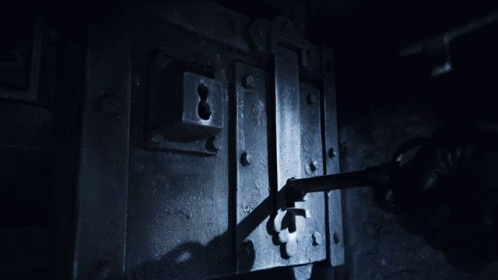 a door with metal locks is seen in the dark