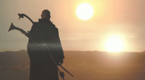 a man is holding a walking stick and looking over the horizon at the sun