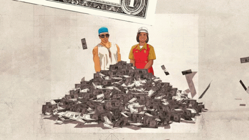 two men wearing helmets and glasses are surrounded by money