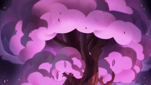 a person with a small dog under a purple tree
