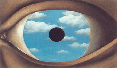 an eye looks over the viewer, with clouds coming from its iris