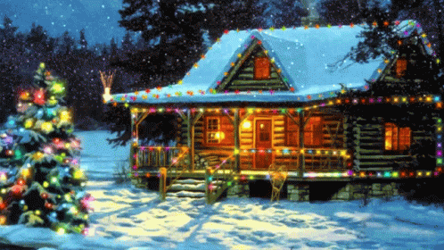 a cabin decorated for christmas with lights and trees