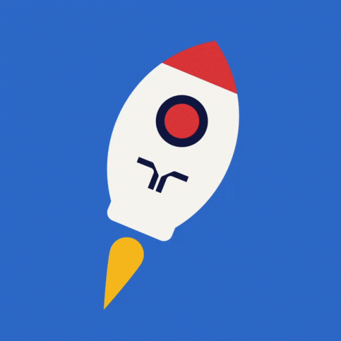 a blue and white space rocket with eyes is depicted on an orange background
