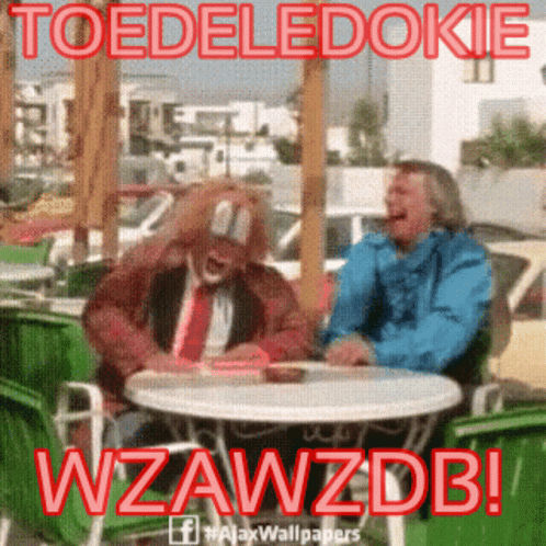 two men sitting at an outdoor table with the text to telefeboke